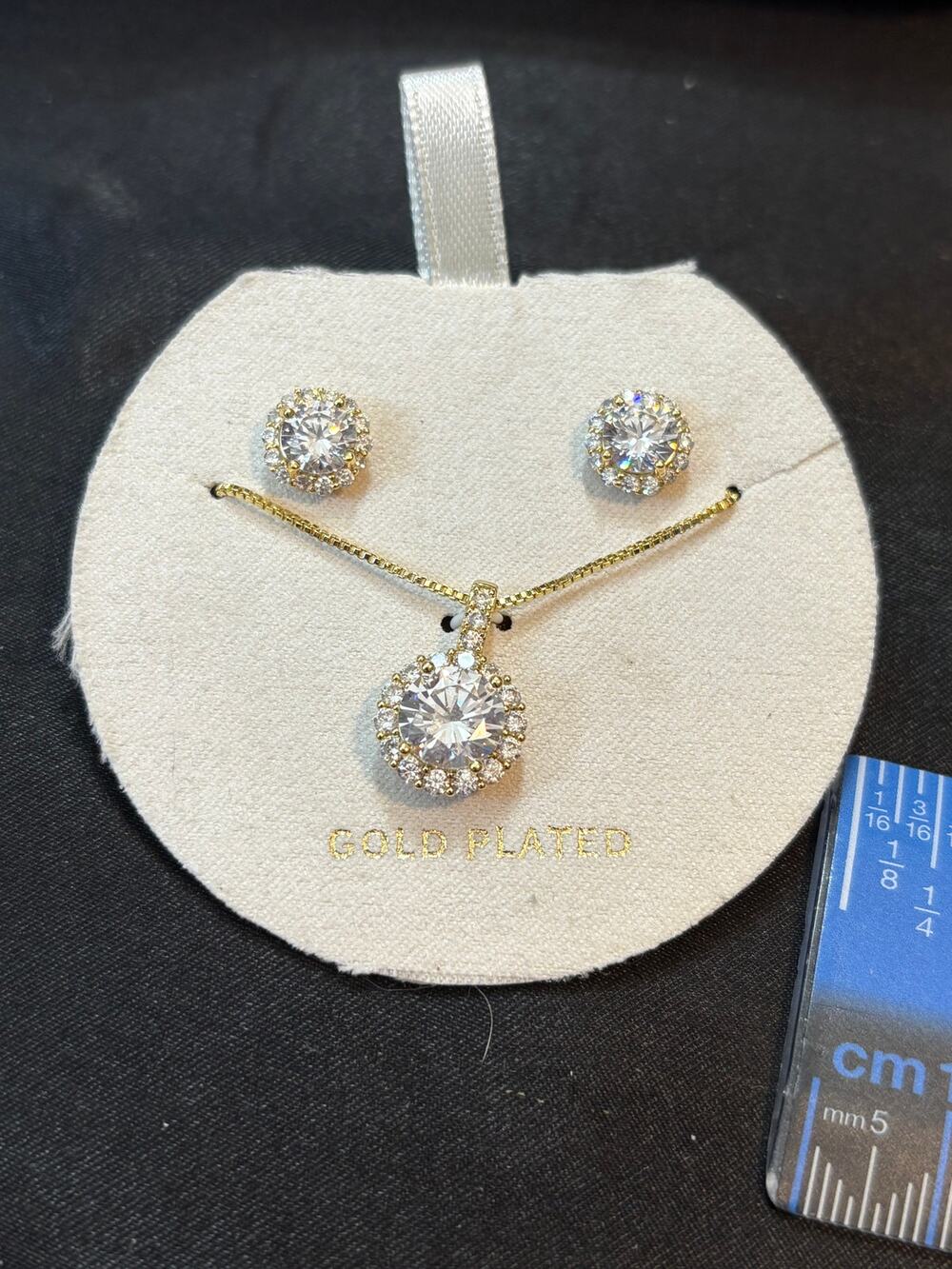 New Gold Plated Cubic Zirconia Halo Necklace & Stud Earrings Set